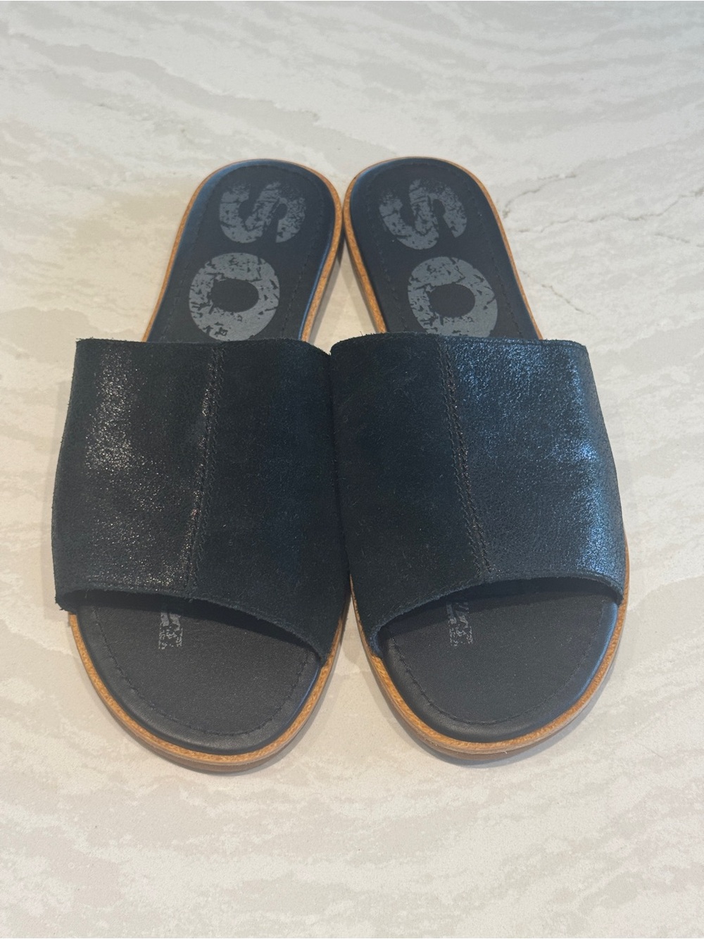 Sorel Black Slide Sandals with Tan Sole Trim